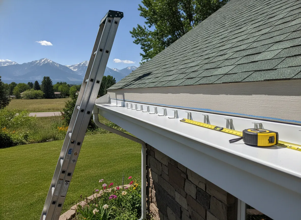 Ladder, level, chalk line and gutter hangers ready at a fascia