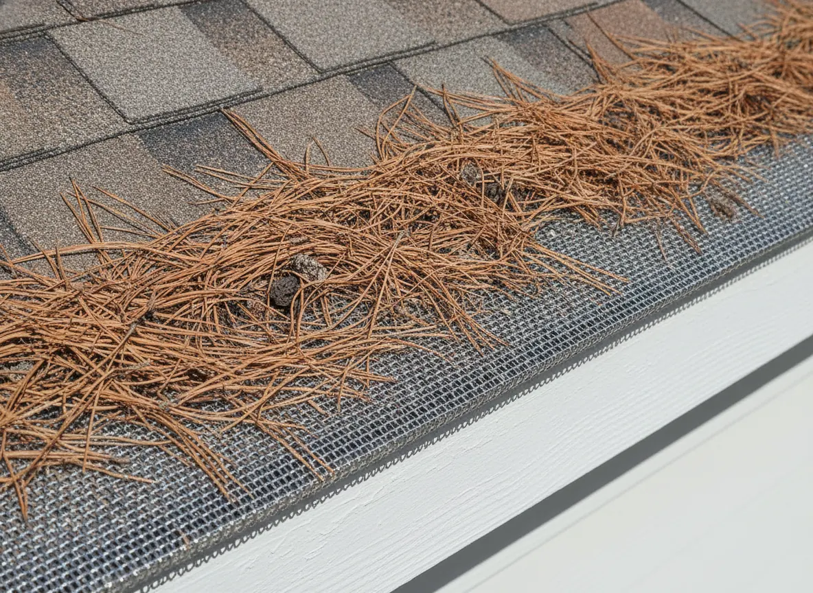 Micro-mesh gutter guard with pine needles on top